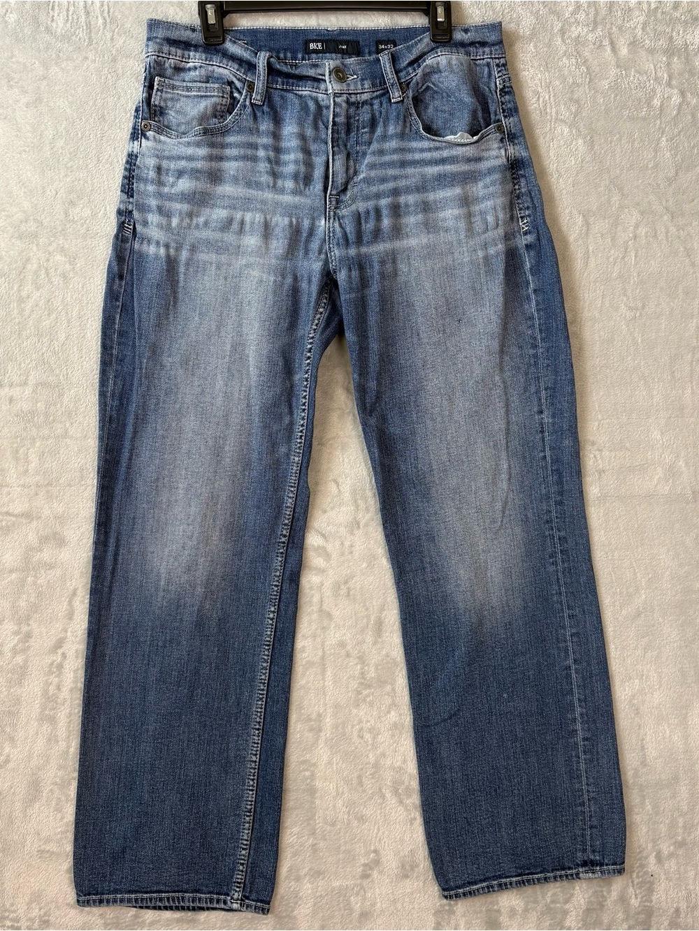BKE Jake Straight Loose Leg Jeans Men's 34x32 Light Wash Whiskered Blue Denim